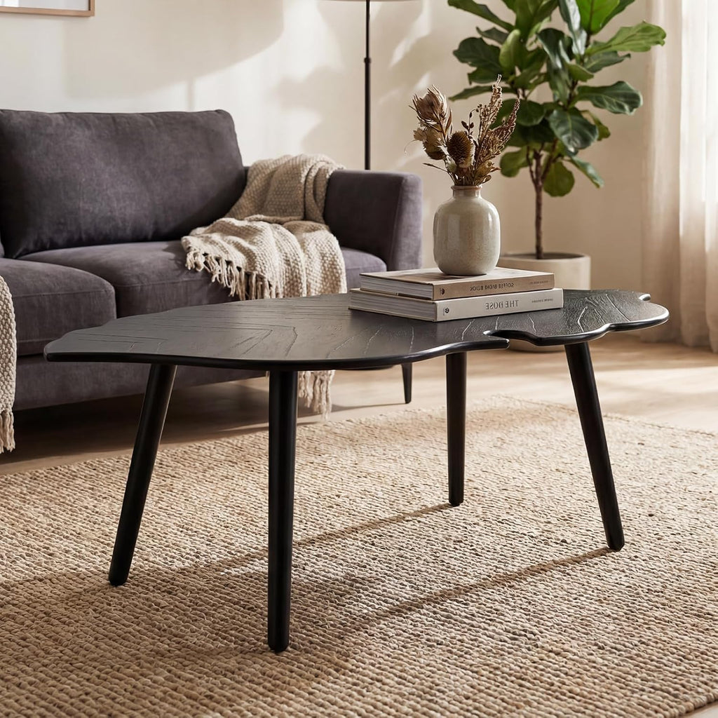 DUOMAY Mid-Century Modern Leaf-Shaped Coffee Table Solid Wood Coffee Table for Living Room Wooden Center Table with Black Finish & Carved Design Contemporary Light Table for Small Space Apartment