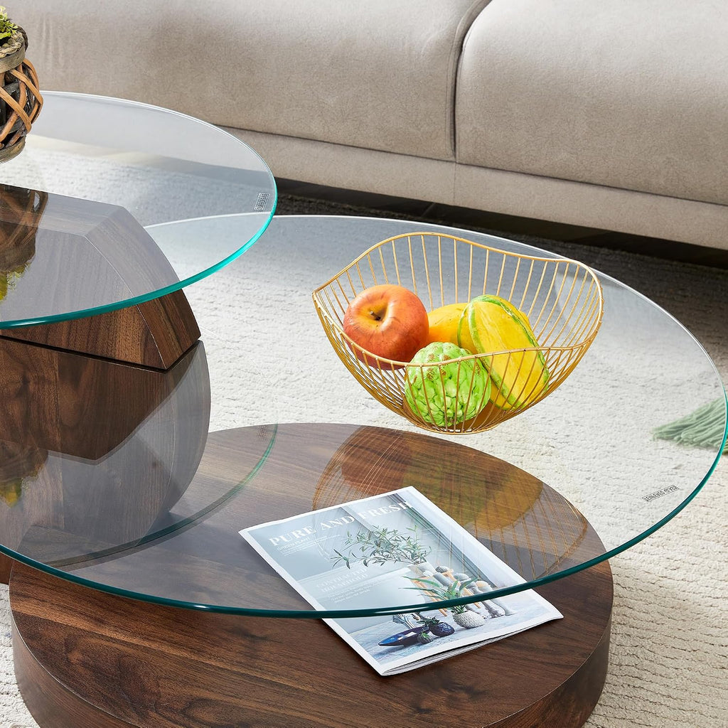 42' Glass Coffee Table｜Oval Coffee Table｜3-Tier Design with Oval Tempered Glass Tabletop｜Dark Wood Wooden Base｜Large Storage Space｜Smooth Edge｜Ideal for Living Room｜Easy Assembly