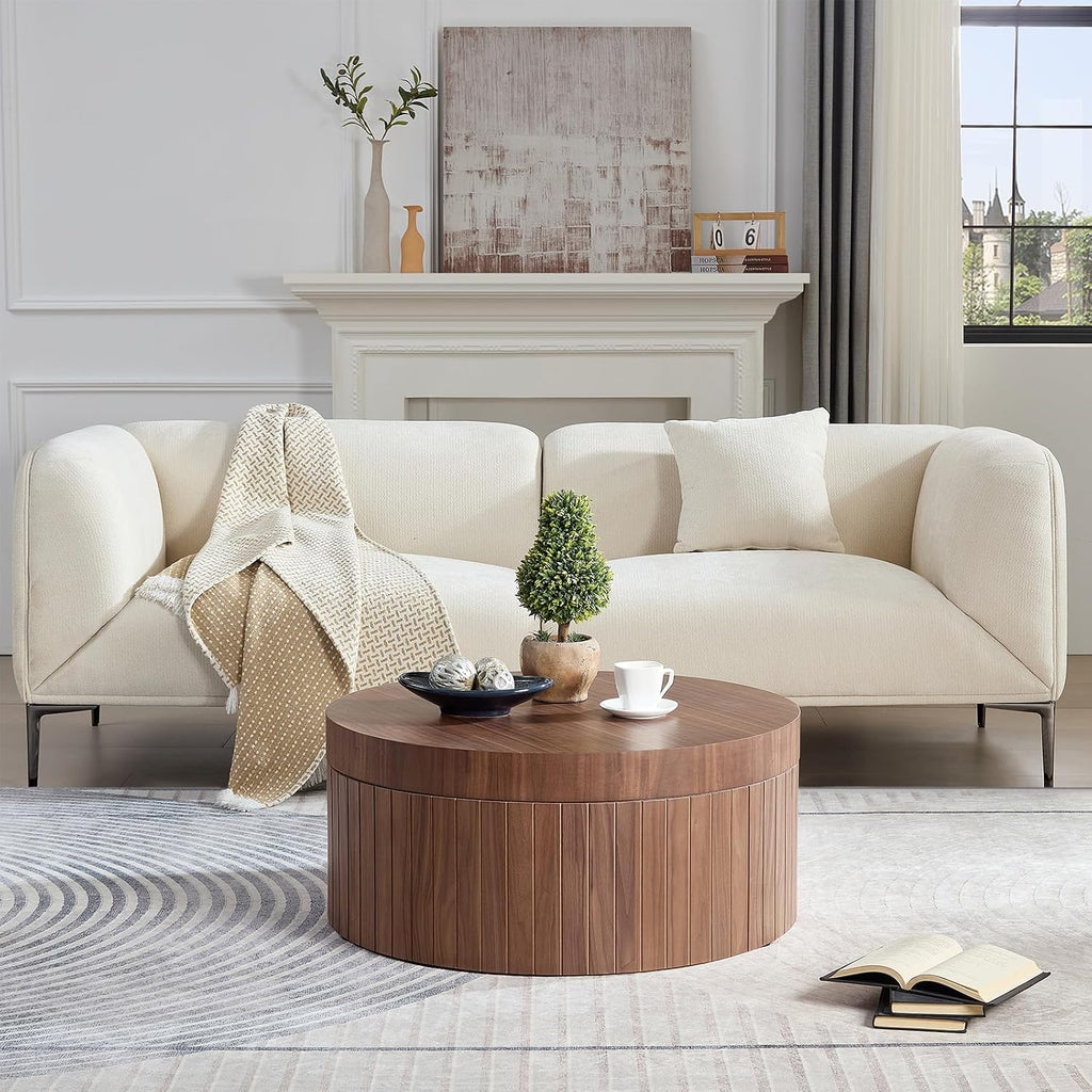 Modern Round Coffee Table with Storage, 31.49' Wooden Round Fluted Coffee Table, Circular Center Tables for Living Room Apartment, No Need Assembly, Walnut