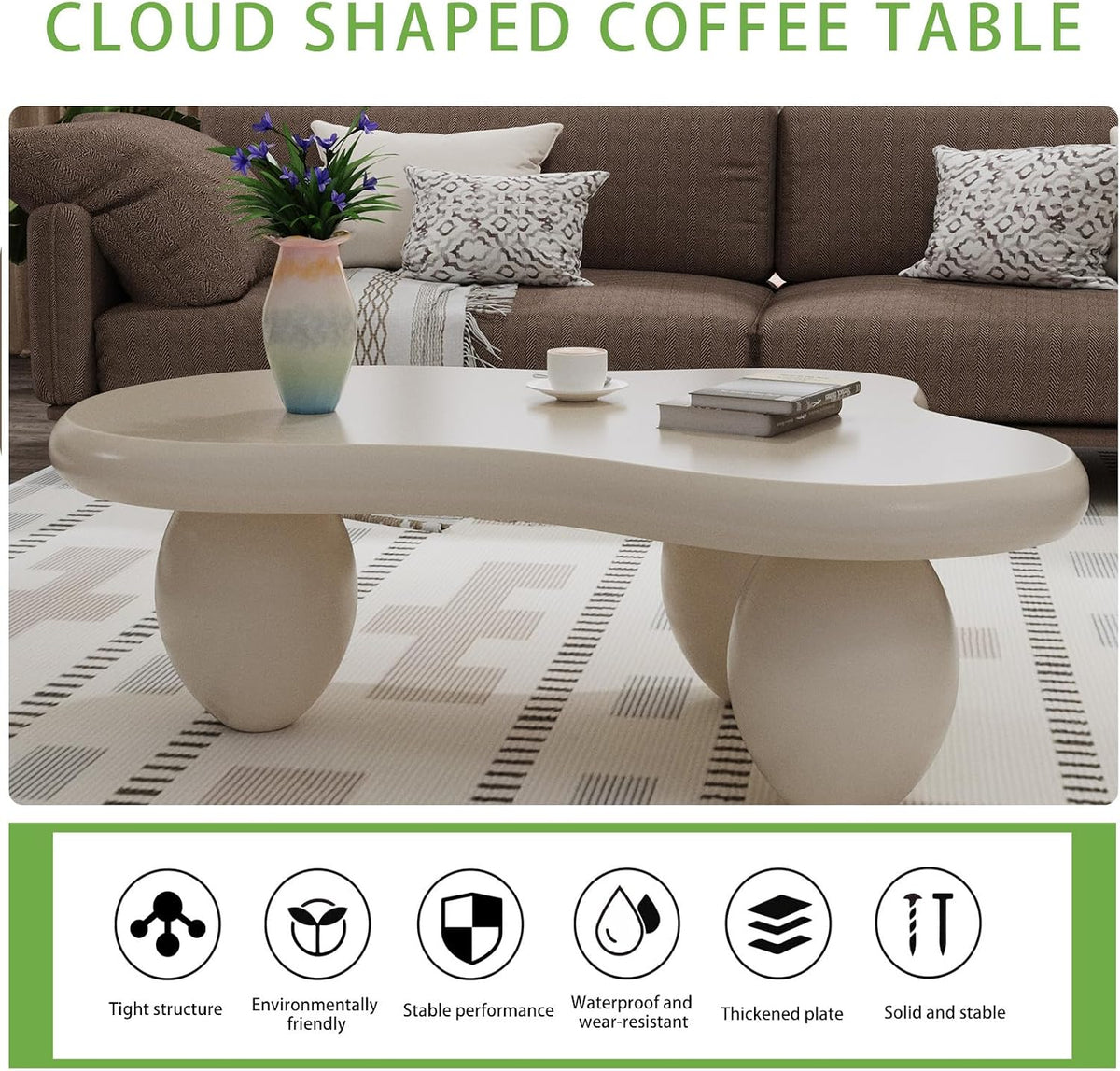 Cloud Coffee Table, Cute Irregular Coffee/Tea Table with Large Tabletop, Accent Cocktail Table, Cloud Shape Modern Coffee Table for Living Room, Office, Home Dec (C White 46.06 inch)