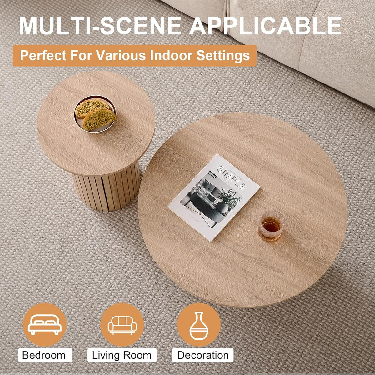 Round Nesting Coffee Tables Set of 2 -φ27.6 Large Short + φ15.8 Small Tall Boho Circle Side Tables with Fluted Drum Design, Natural