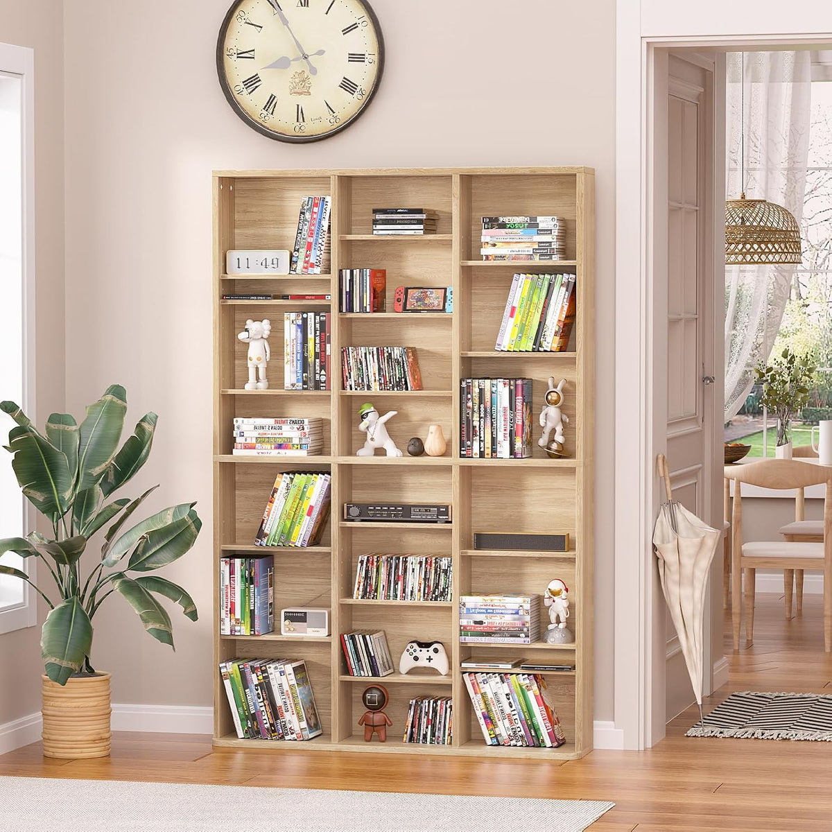 8 Tier Tall Display Cabinet, Natural Media Storage Cabinet with Adjustable Shelves, Free Standing DVD Organizer Shelf, Floor multimedia storage manga bookshelf for Living Room & Home Office.