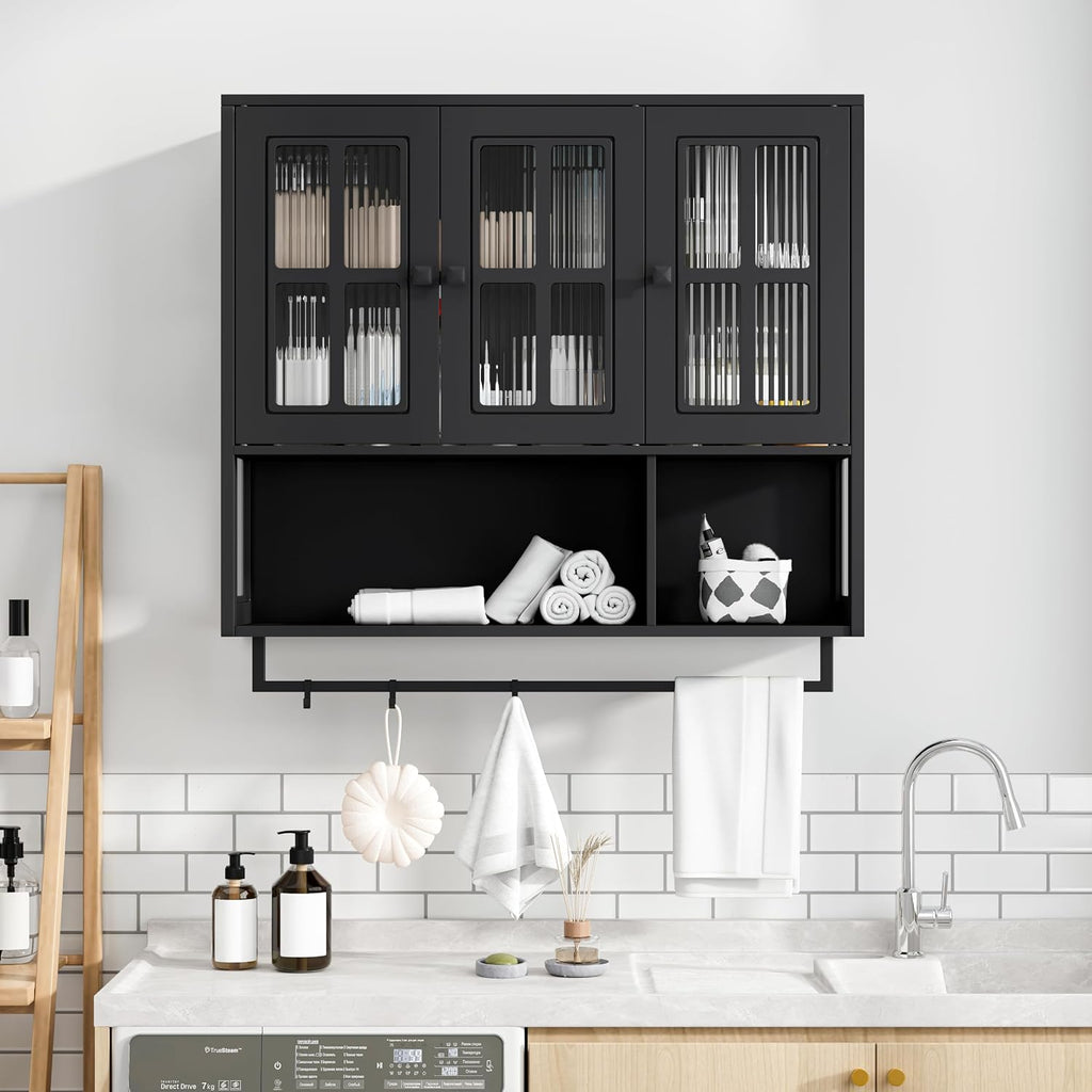 Bathroom Wall Cabinet Over The Toilet, 3 Door Wooden Medicine Cabinet with Open Shelf & Glass Door, Space Saving Storage Organizer with Towel Bar (Black)