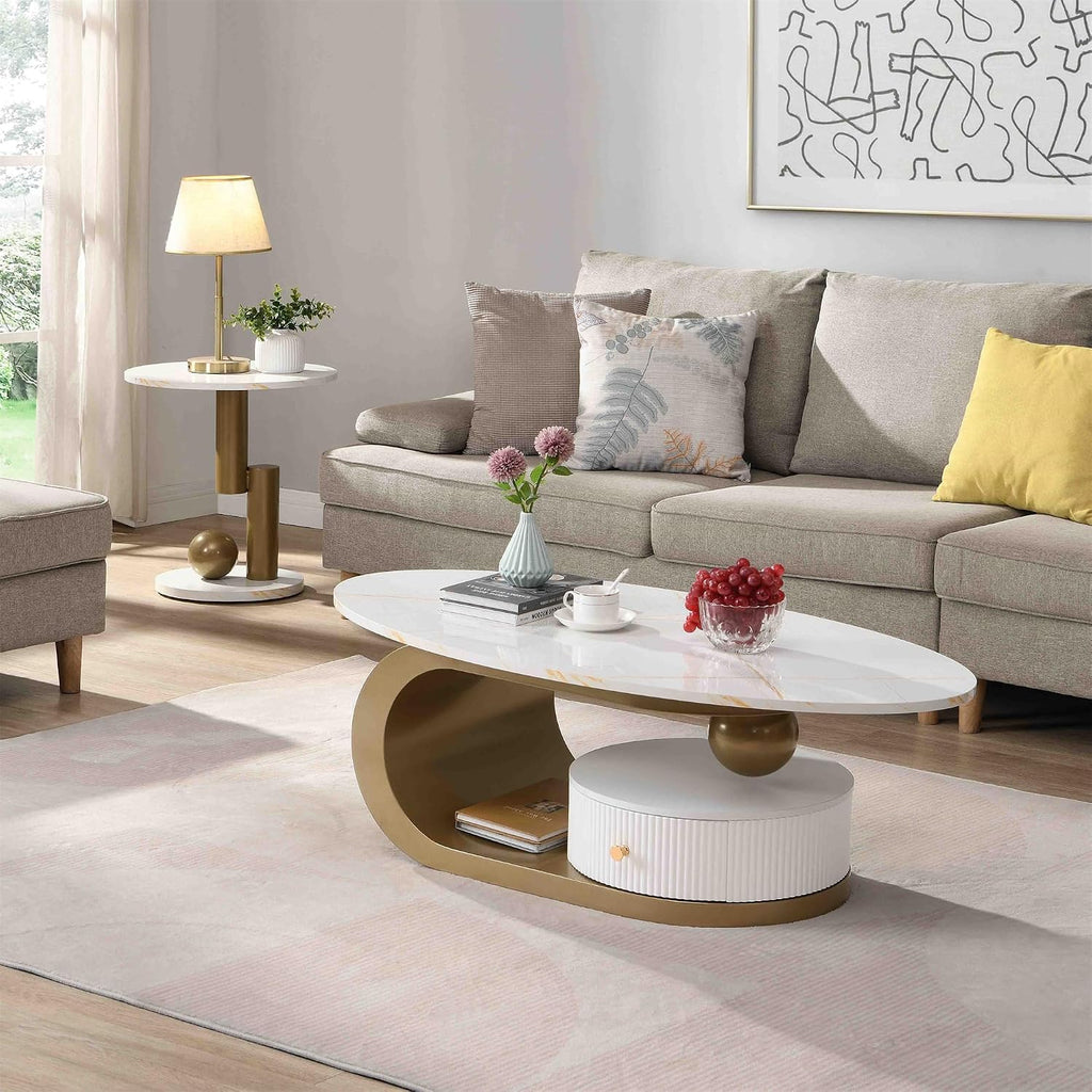 SSLine Luxury Nesting Coffee Table Set with Golden Base Modern Faux Marble Living Room Table Set of 2 Include Oval Coffee Table with Drawer and End Table for Living Room Bedroom