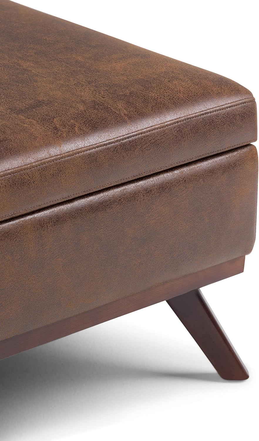SIMPLIHOME Owen Square Coffee Table Storage Ottoman - 36 inch Wide Upholstered Vegan Leather Lift-Top Ottoman in Distressed Chestnut Brown, Mid-Century Ottoman for Living Room with Tufted Detail