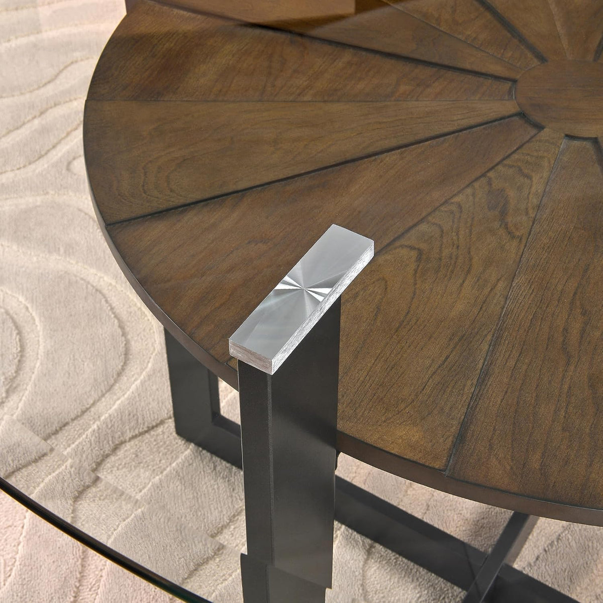 Round 45' Dining Table with 10mm Tempered Glass Top, Circle Dinner Pedestal Table for Dining Room Modern Industrial Kitchen Tables with Wood Brown Shelf and Black Metal Leg Easy Assembly CZ-B2616