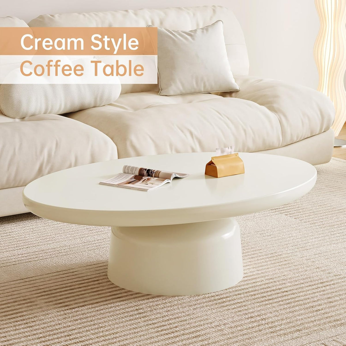 White Oval Coffee Table, 45.66' Cream White Modern Coffee with Sturdy Pedestal for Bedroom,Living Room & Small Spaces