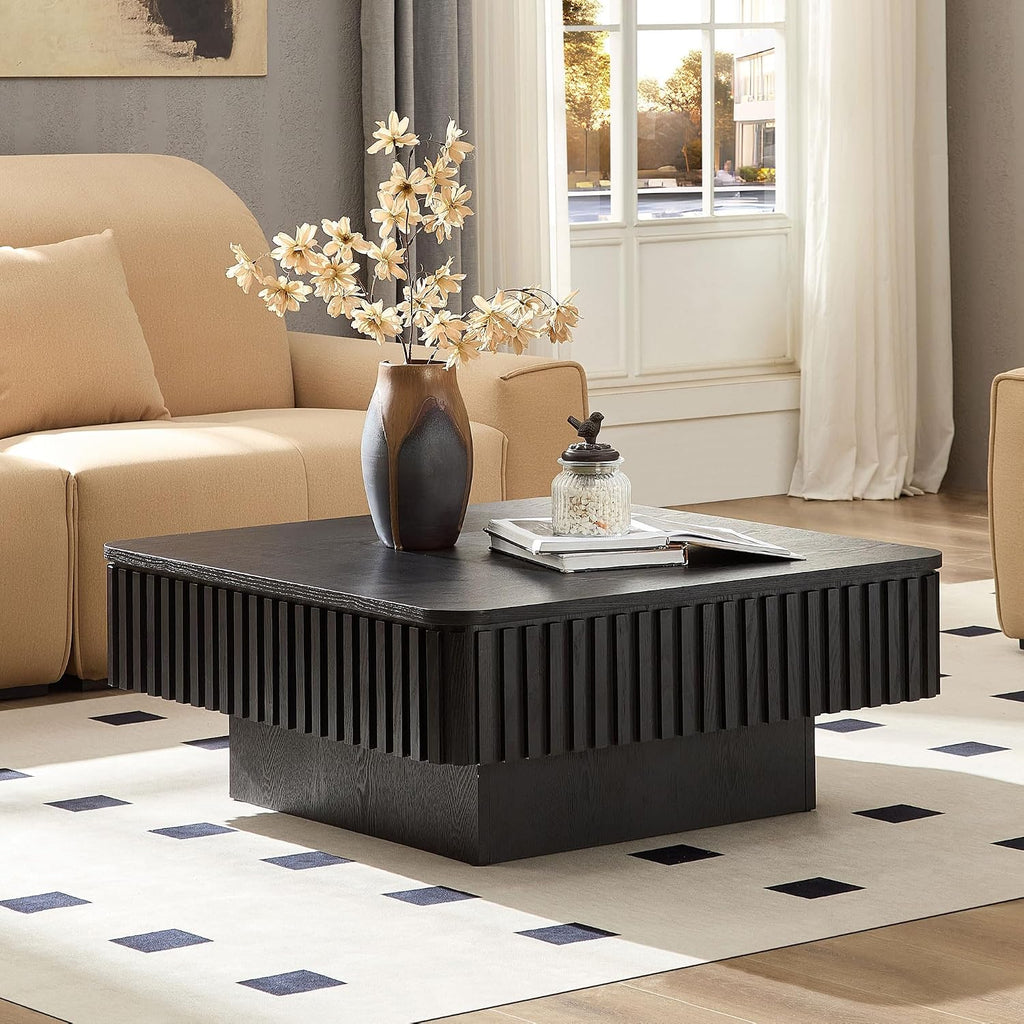 Coffee Table with Lifting Top Storage for Living Room,Fluted Lift Top Coffee Tables with Storage Solid Wood Center Table 35.43' Modern Square Lift Pull Up Tabletop for Apartment Office,Black