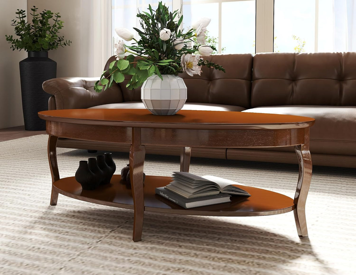 47' Oval Coffee Table 2-Tier Coffee Table with Storage Shelf Solid Wooden Center Table for Living Room Bedroom Office, Walnut