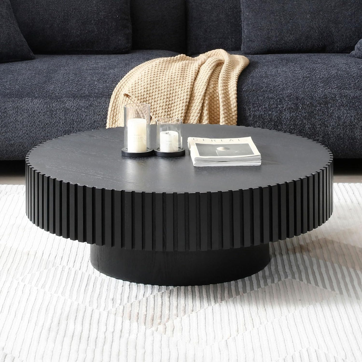 39.37' Round Wood Coffee Table, Modern Unique Circle Coffee Table, Contemporary Oak Drum Fluted Accent Side Table Center Table for Living Room, Office, Apartment, Black