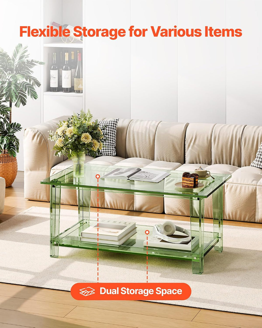 VEVOR Acrylic Coffee Table, 2-Tiers Center Table with Open Storage Shelf, Modern Rectangle Acrylic Coffe Desk for Living Room, Dining Room, Kitchen Island, Office, 31.5' W x 19.7' D x 15.7' H, Green