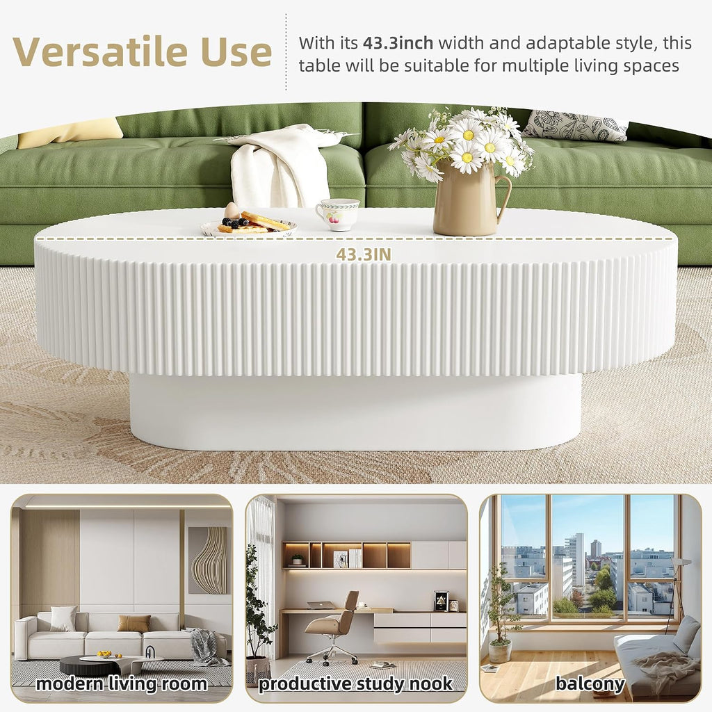 43.3' Oval Fluted Coffee Table with Thick Tabletop, Modern Wood Center Table with Sturdy Base for Living Room, Easy Assembly (White)