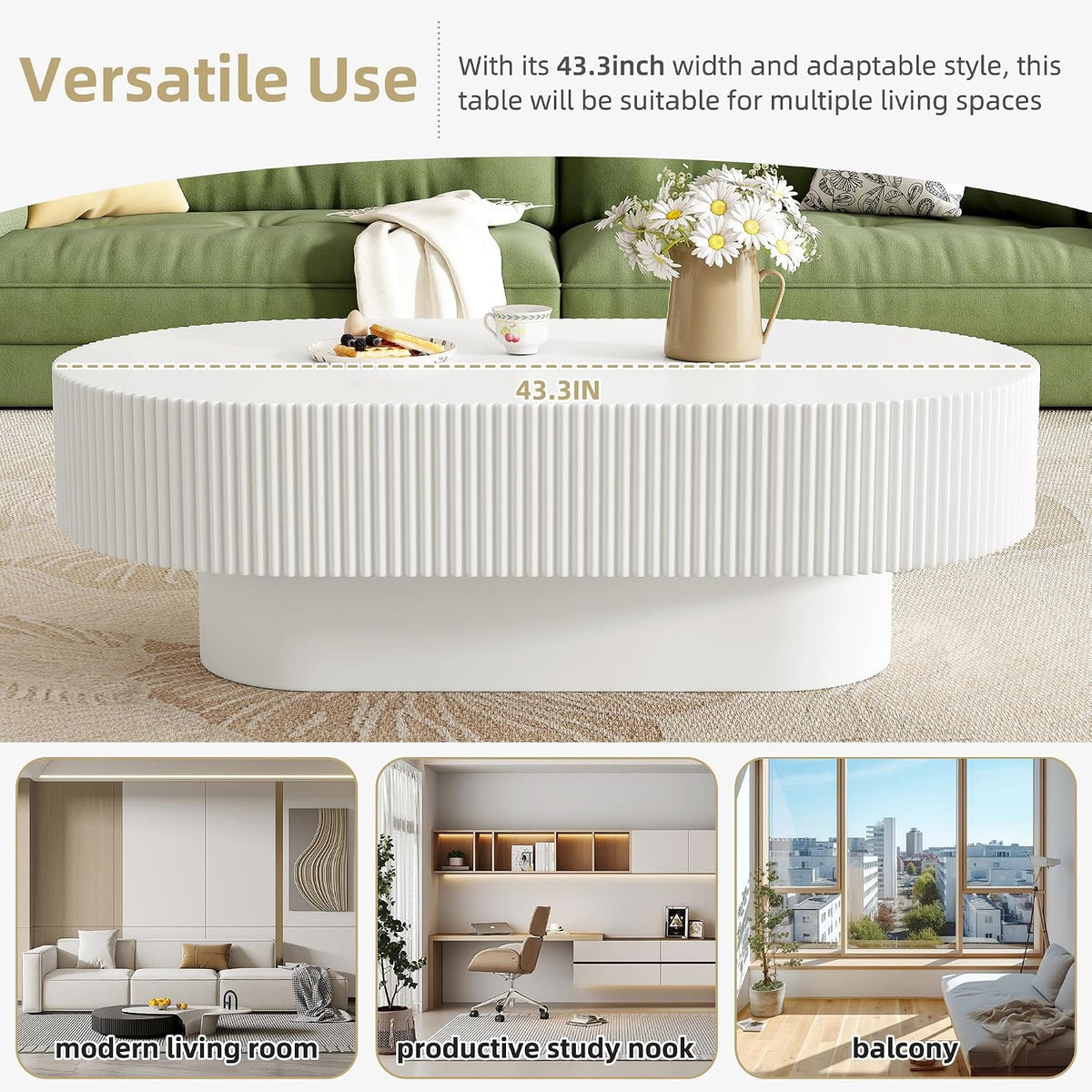 43.3' Oval Fluted Coffee Table with Thick Tabletop, Modern Wood Center Table with Sturdy Base for Living Room, Easy Assembly (White)
