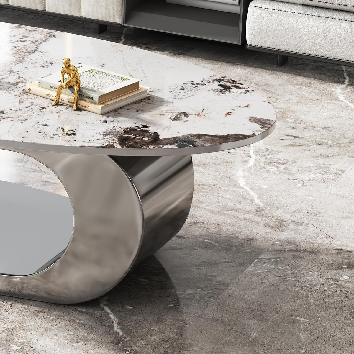 49.2' Oval Coffee Table, Modern Faux Marble Coffee Tables with Sintered Stone Tabletop, Large Unique Tea Table with Stainless Steel Base for Living Room, Office, Bedroom
