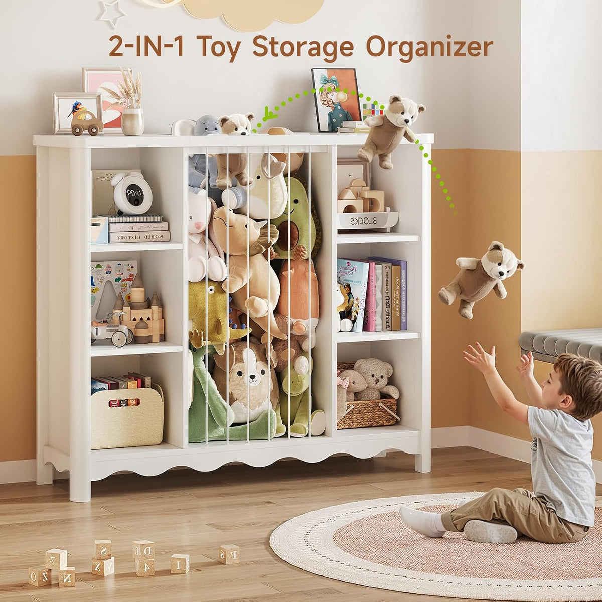 ONBRILL Wooden Stuffed Animal Storage, 6 Cube Toy Storage Organizer w/Wave Design, Plush Toy Organizers and Storage w/Elastic Band Thick Board, Kids Bookshelf for Kids Room Nursery Playroom (White)