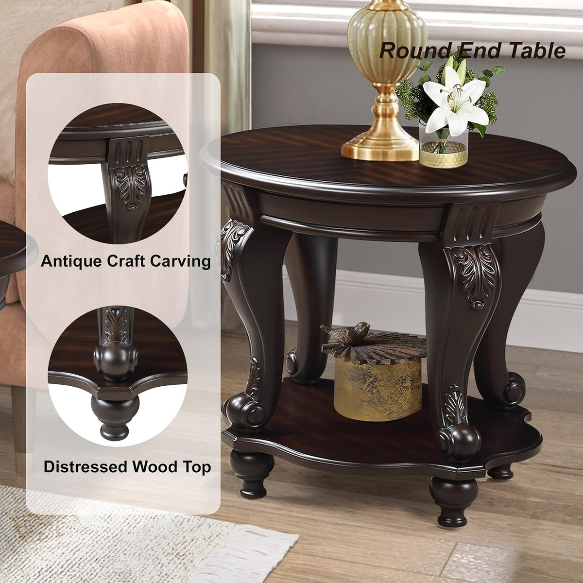 Round End Table for Living Room, Solid Wood Sofa Side Table with Shelf, Retro Corner Table for Office Small Space (22' W x 19.5' D x 20.5' H, Espresso)