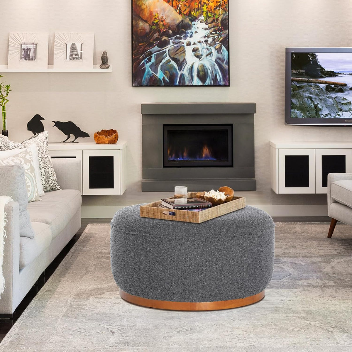 Round Ottoman Coffee Table 30' Premium Fabric upholstered Coffee Table with high Density Foam and Solid Wood Frame, Stylish and Practical Living Room Furniture, Grey