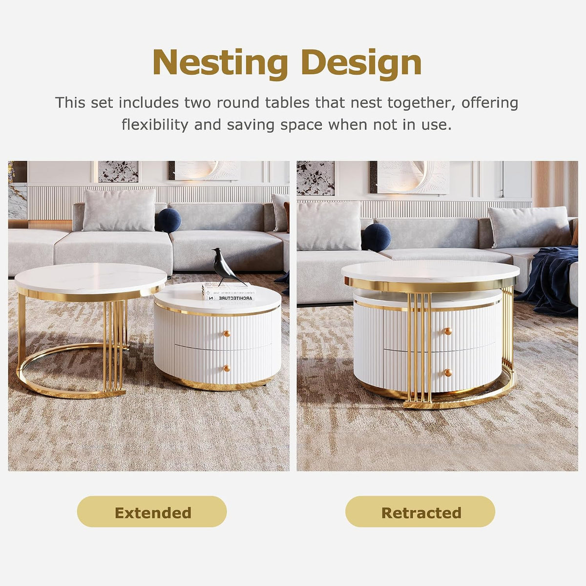 Merax 2-Piece Nesting Coffee Table Set, White Round End Side Tables with Drawers & Gold Metal Legs, Modern Compact for Living Room Small Spaces Apartment