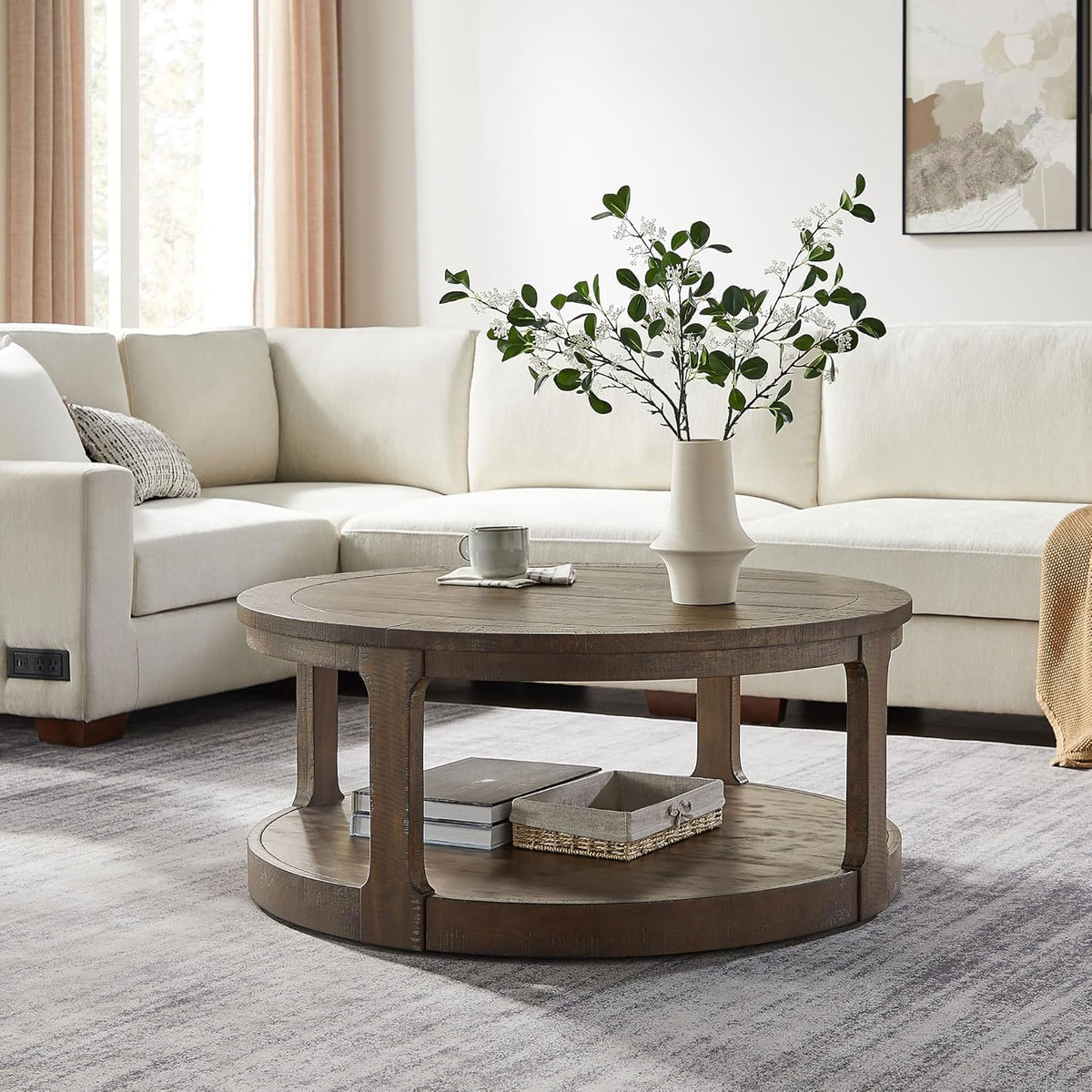 Coffee Table Round Wood 40' Modern Coffee Tables for Living Room Brown Circle Center 2-Tier Solid Desktop Accent with Shelf Storage Minimalistic Design Home Furniture Apartment Office Easy to Assemble