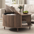 SULIVES Round Coffee Table with Storage,Mid Century Modern Coffee Table with Sliding Door,Fluted Center Table with Solid Wood Legs,Small Coffee Table for Living Room,Walnut