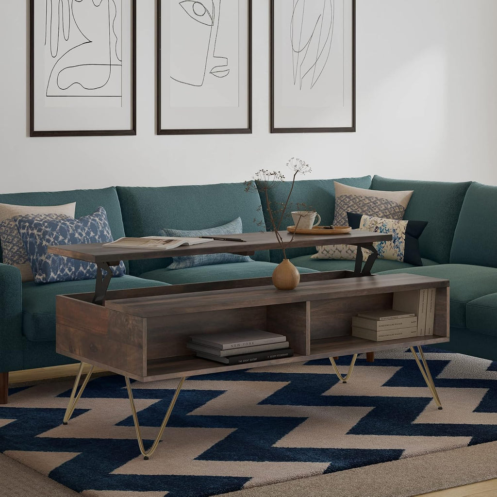 SIMPLIHOME Hunter SOLID MANGO WOOD and Metal 48 Inch Wide Rectangle Industrial Lift Top Coffee Table in Ebony, For the Living Room and Family Room
