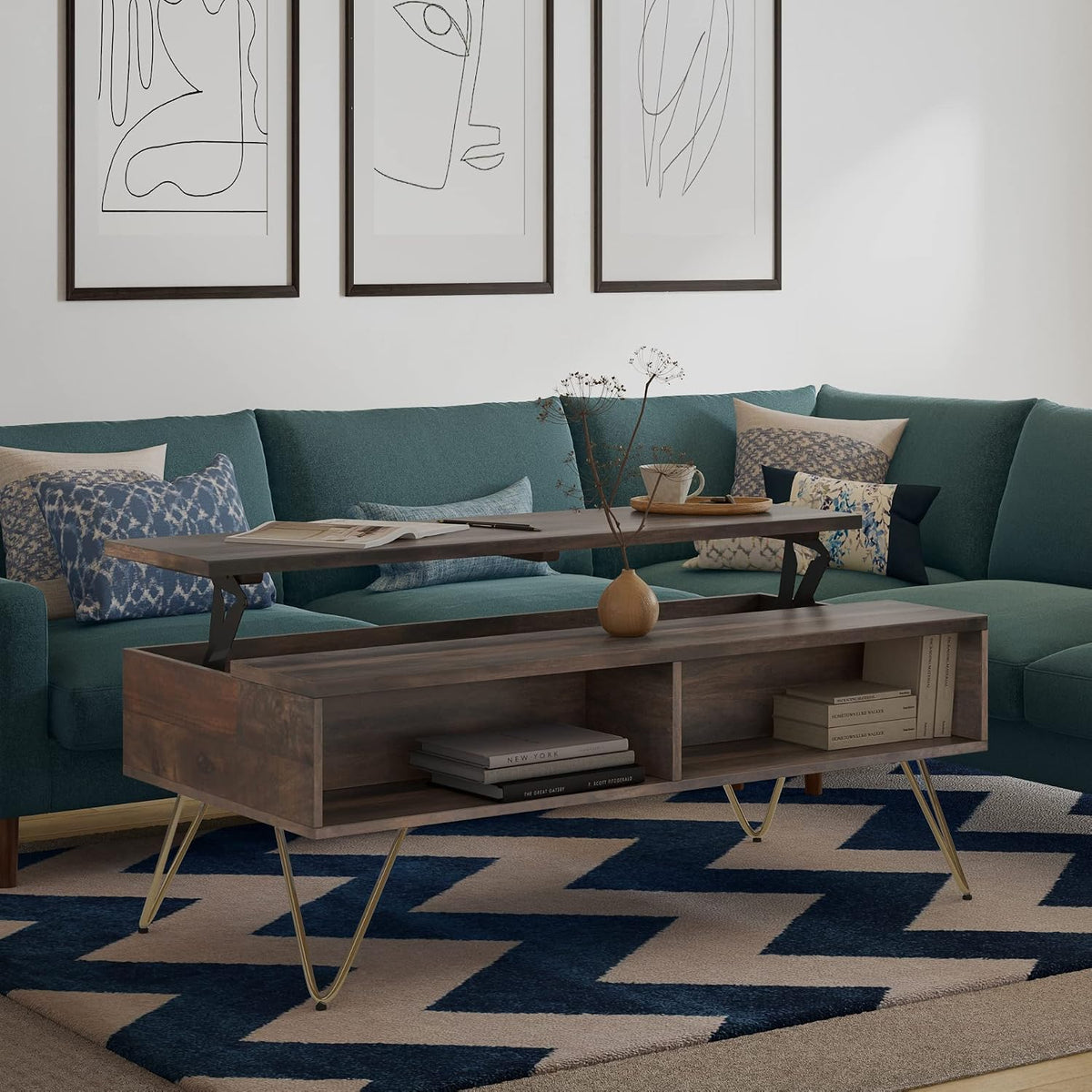 SIMPLIHOME Hunter SOLID MANGO WOOD and Metal 48 Inch Wide Rectangle Industrial Lift Top Coffee Table in Ebony, For the Living Room and Family Room