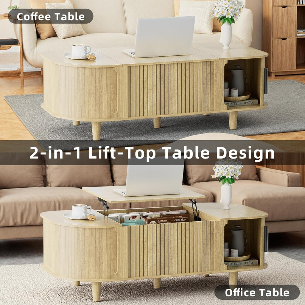 Lift Top Coffee Table, Oval Mid Century Modern Center Table with 3 Hidden Storage, 41' Coffee Tables with Sliding Door and Open Cabinet for Living Room Bedroom Office, Natural Wood