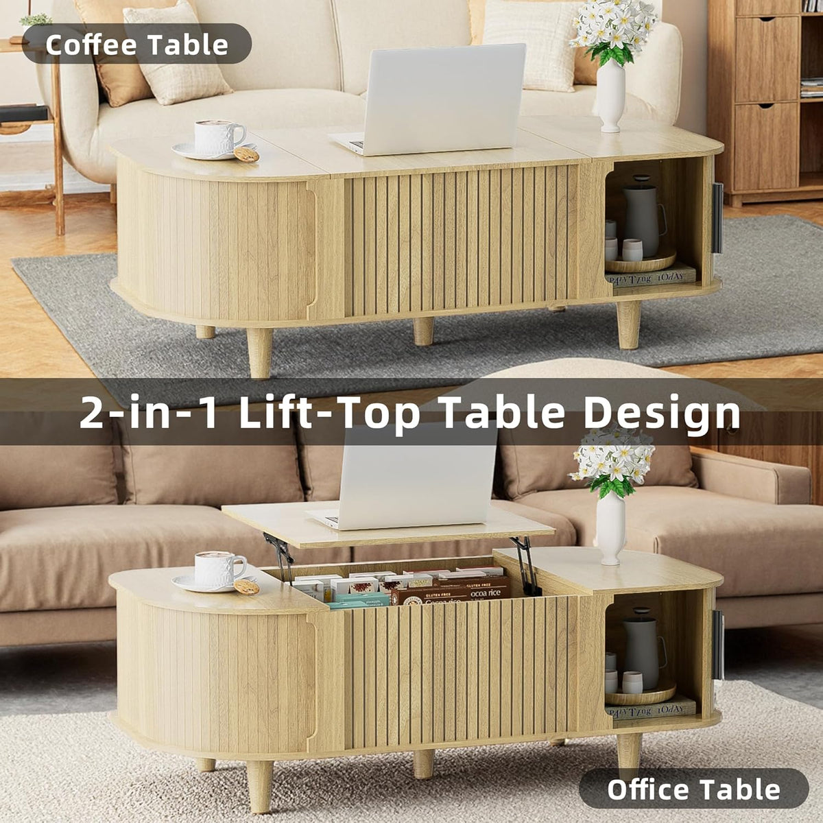 Lift Top Coffee Table, Oval Mid Century Modern Center Table with 3 Hidden Storage, 41' Coffee Tables with Sliding Door and Open Cabinet for Living Room Bedroom Office, Natural Wood