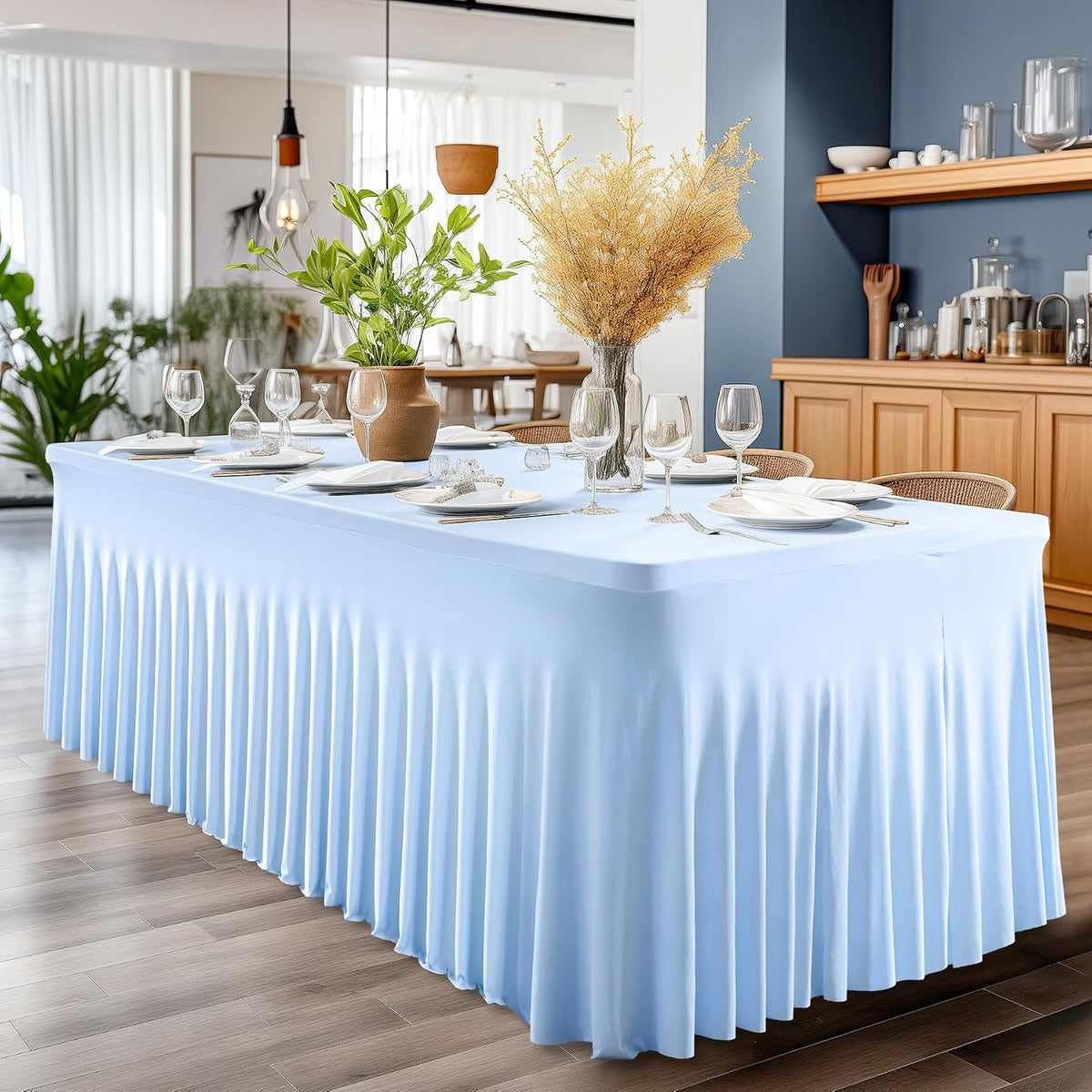 6 Packs Baby Blue Table Clothes for 8 Foot Rectangle Tables, One-Piece Wrinkle Resistant Stretch Spandex Table Covers with Skirt for Event Banquet Wedding Birthday Party