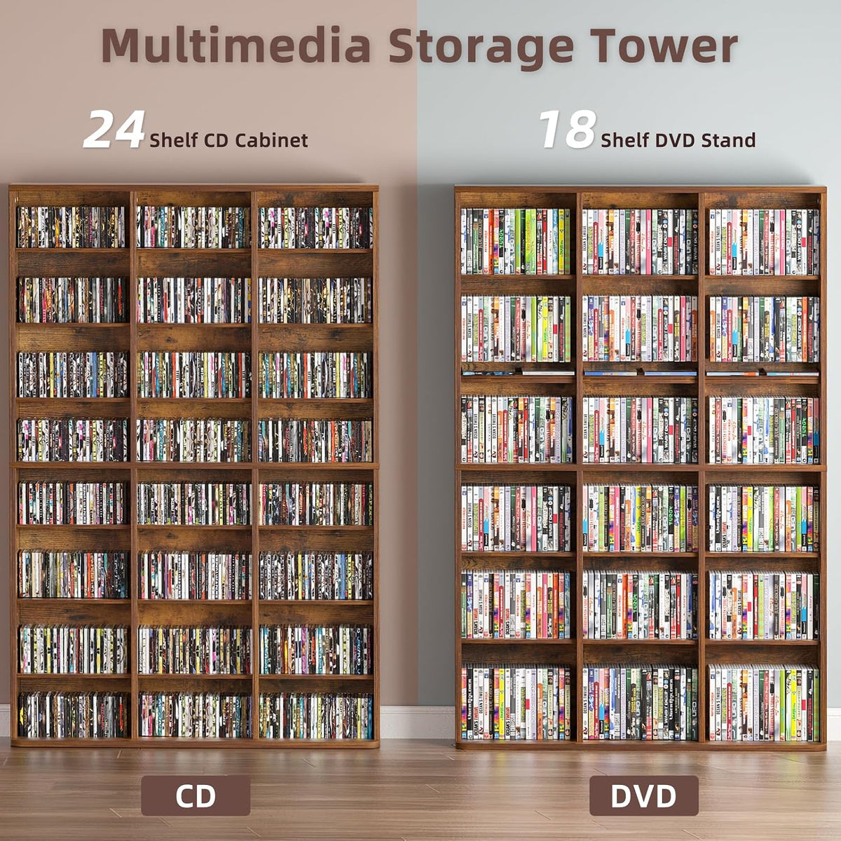 LELELINKY 8 Tier Tall Display Cabinet, Brown Media Storage Cabinet with Adjustable Shelves, Free Standing DVD Organizer Shelf, Floor Multimedia Storage Manga Bookshelf for Living Room & Home Office.