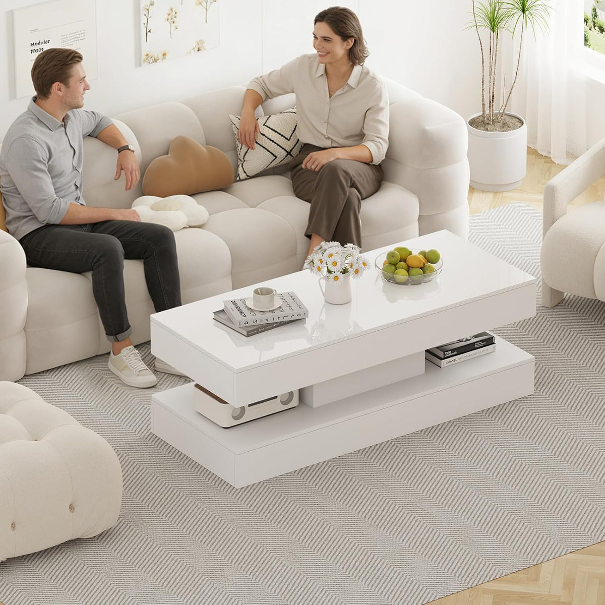 47.2 Inch Coffee Table with LED Lights, Modern High-Gloss Open Shelf Design, 2-Tier Floating Center Table with Illumination, Large LED Coffee Table for Living Room (Pur White)