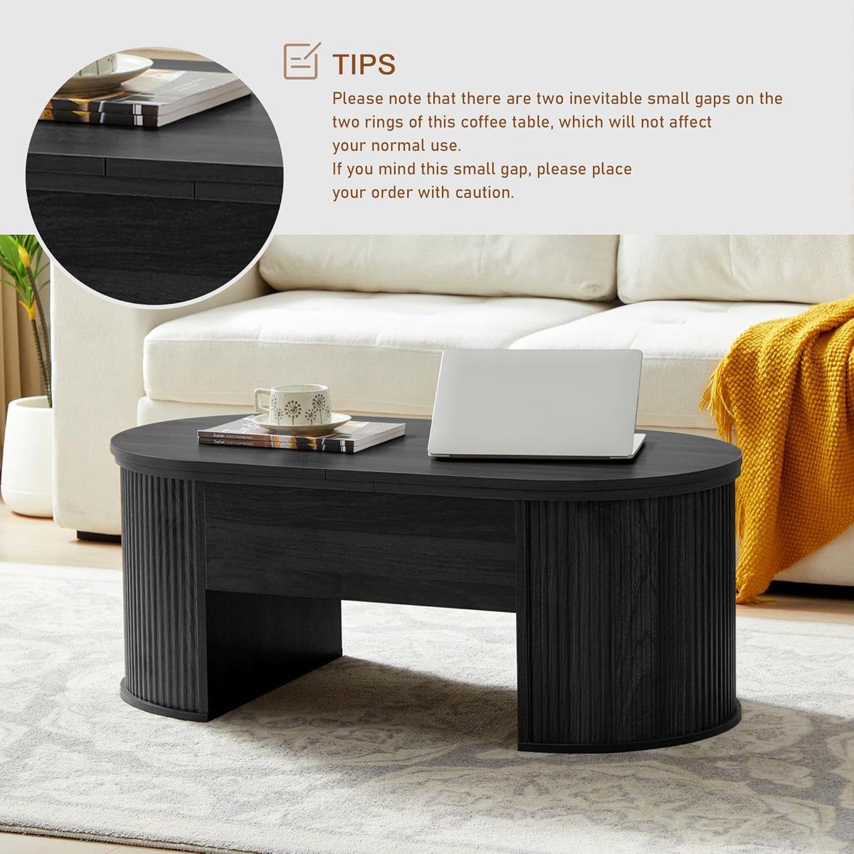ORRD Lift Top Coffee Table, Fluted Coffee Table with Lifting Top, Wooden Lift Up Dining Table with Hidden Compartment, Center Table for Living Room, Office - Black