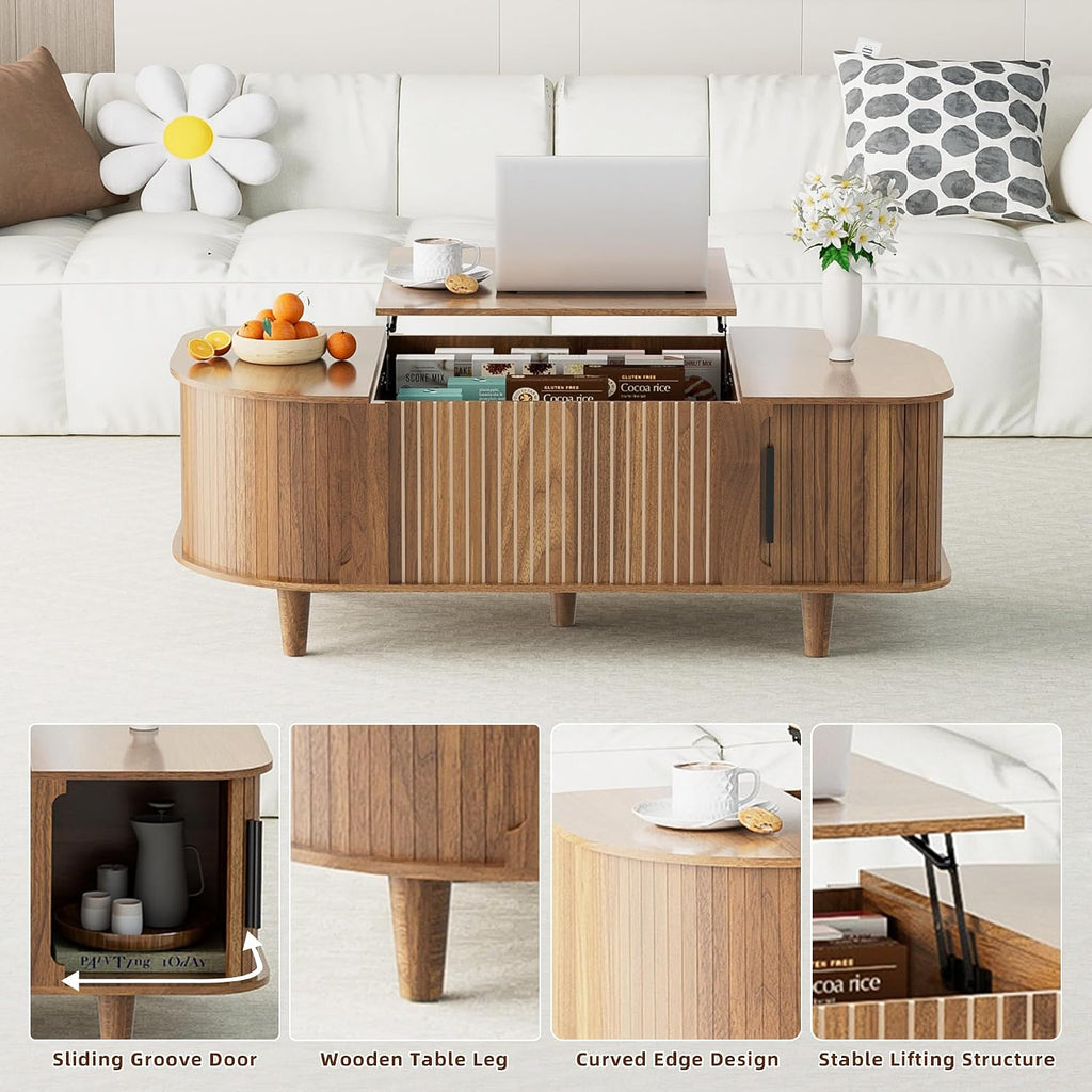 Lift Top Coffee Table, Oval Mid Century Modern Center Table with 3 Hidden Storage, 41' Coffee Tables with Sliding Door and Open Cabinet for Living Room Bedroom Office, Walnut Wood