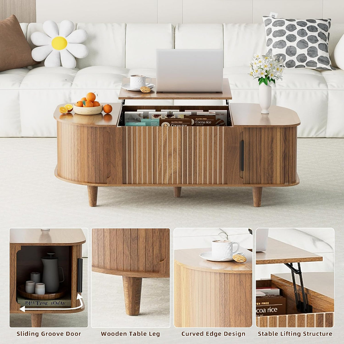 Lift Top Coffee Table, Oval Mid Century Modern Center Table with 3 Hidden Storage, 41' Coffee Tables with Sliding Door and Open Cabinet for Living Room Bedroom Office, Walnut Wood