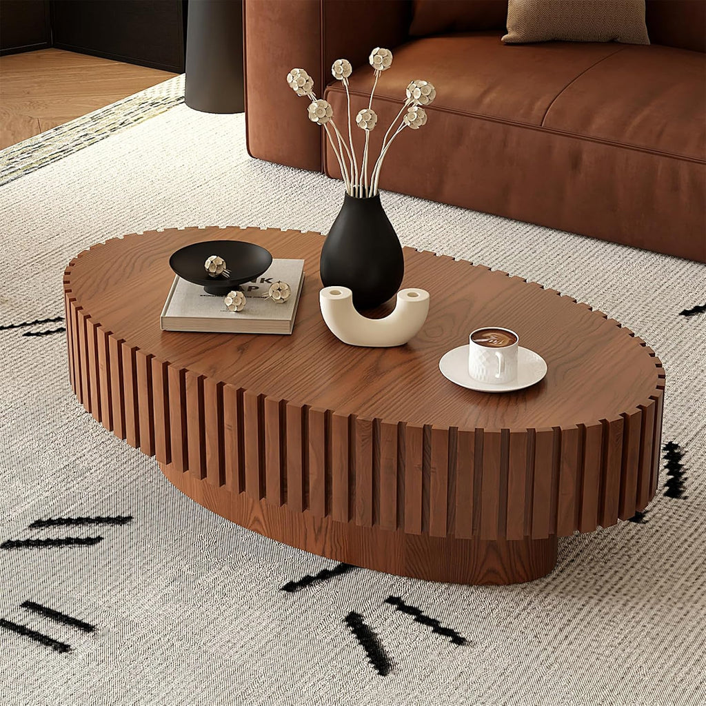LKTART Oval Drum Coffee Table Handcrafted Relief Sturdy Pedestal Wooden Olive-Shaped Tea Table for Living Room,Brown,43''L×25''W×14''H