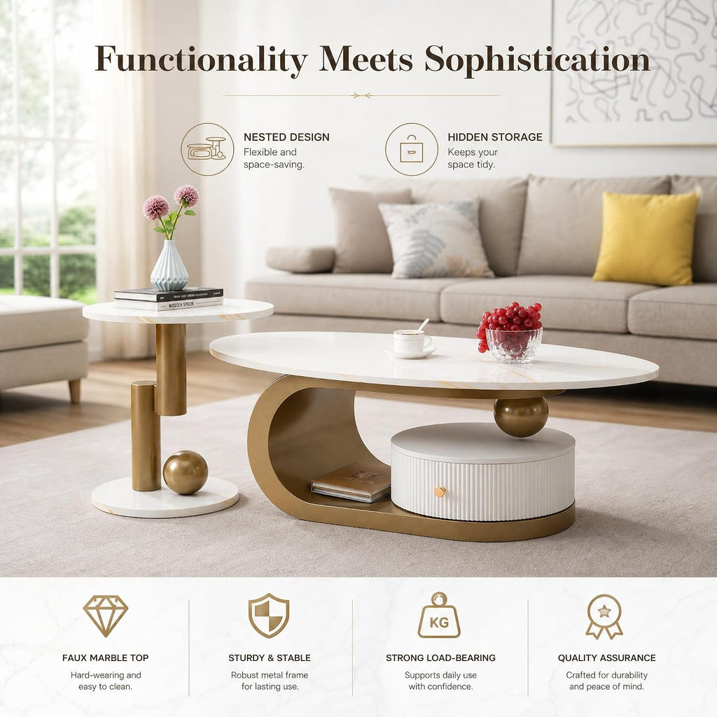 Modern 47.2' Nesting Coffee Table Set of 2, Oval and Round Centre Table Set for Living Room, Faux Marble Coffee Table and Round End Table, Luxury Living Room Accent for Apartment