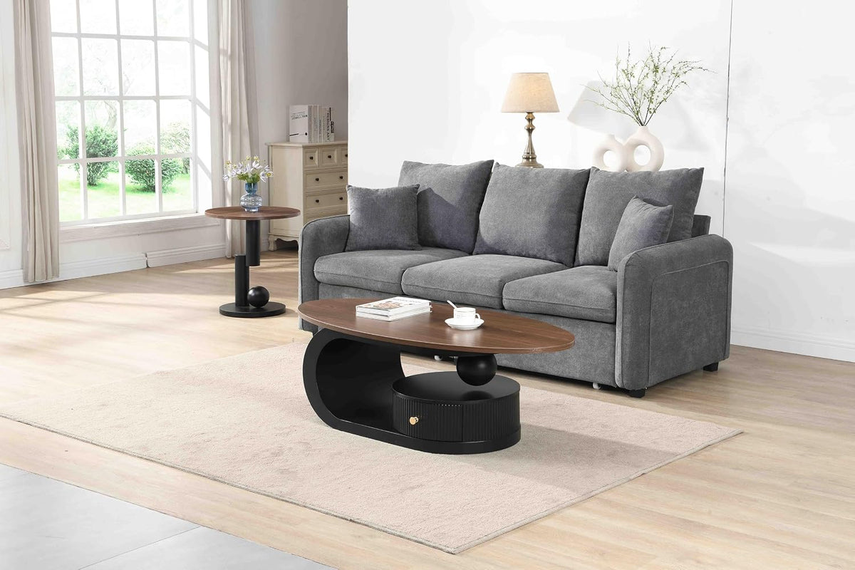 Modern Nesting Coffee Table Set of 2, 2-Piece Oval Decorative Living Room Table Set with Brown Wooden Top and Black Metal Base and 1 Drawer, Oval Coffee Table and Round End Table Set