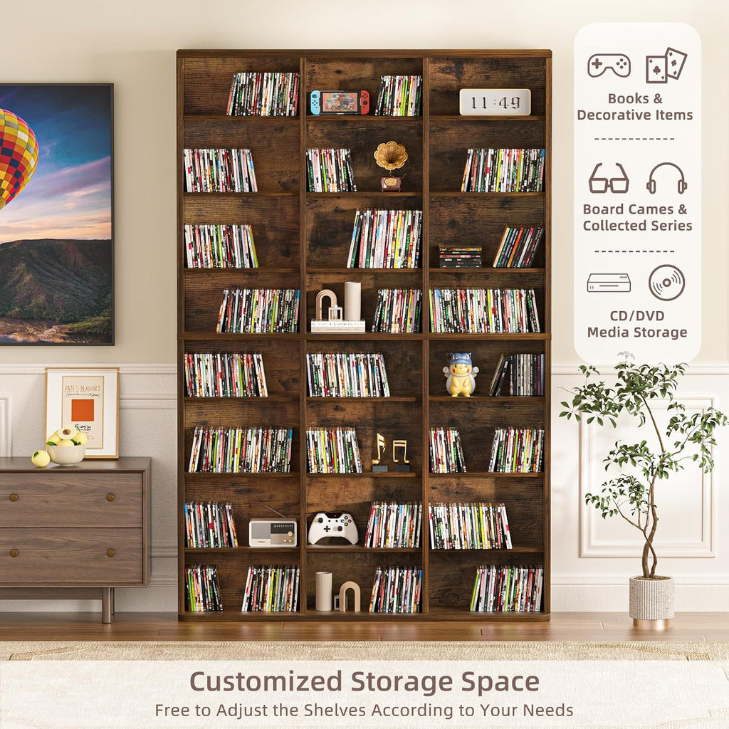 LELELINKY 8 Tier Tall Display Cabinet, Brown Media Storage Cabinet with Adjustable Shelves, Free Standing DVD Organizer Shelf, Floor Multimedia Storage Manga Bookshelf for Living Room & Home Office.