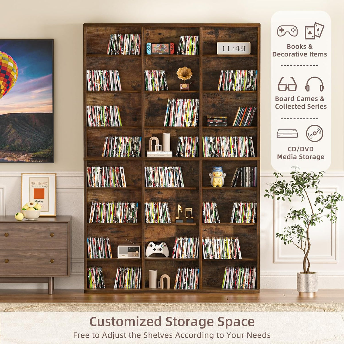 LELELINKY 8 Tier Tall Display Cabinet, Brown Media Storage Cabinet with Adjustable Shelves, Free Standing DVD Organizer Shelf, Floor Multimedia Storage Manga Bookshelf for Living Room & Home Office.