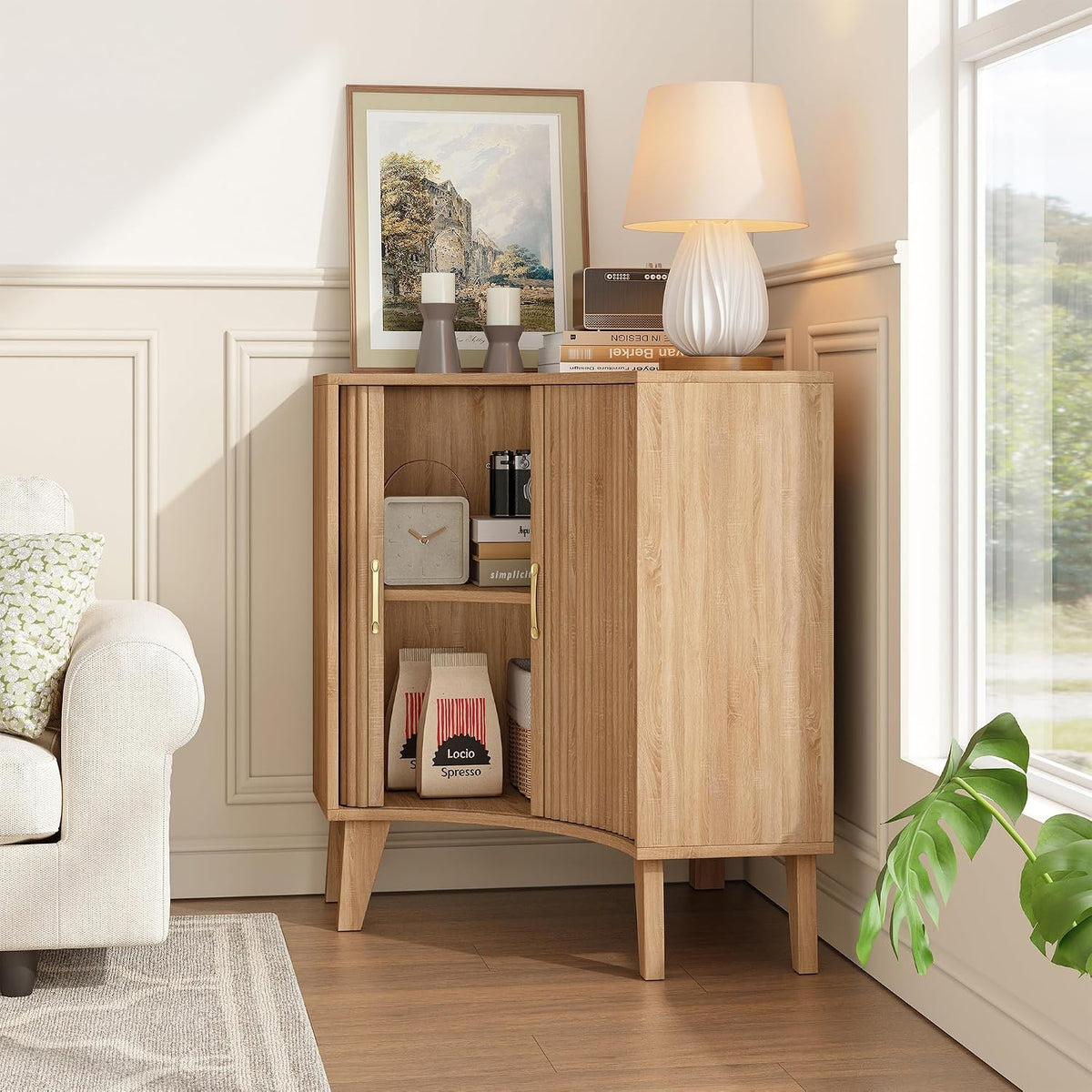Fluted Corner Cabinet, Small Corner Floor Cabinet with 2-Sliding Doors and Adjustable Shelves, Freestanding Narrow Organizer for Small Space,Living Room, Dining RoomBathroom.Natural