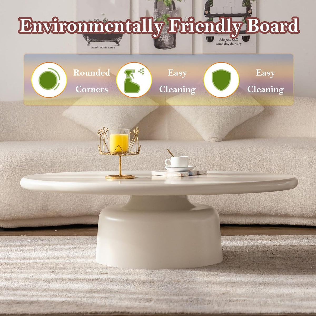 45.67' Cream Style Coffee Table with Stable Fiberglass Table Legs, Oval E1 Density Board Tabletop - Smooth Fininsh, for Small Space (Oval 45.67in)