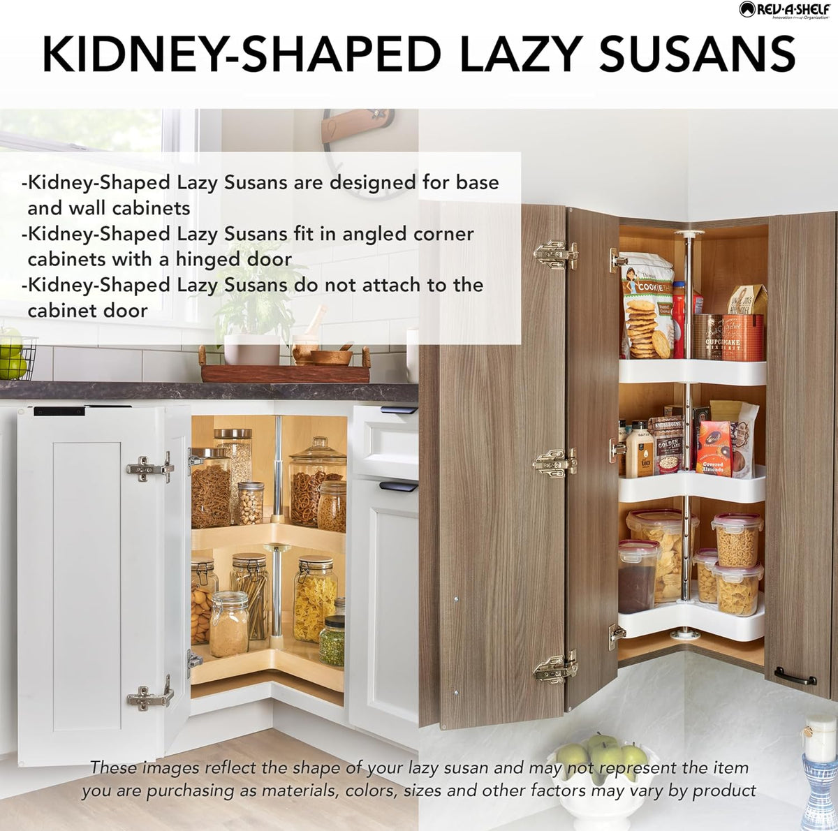 Rev-A-Shelf 28' Maple Wood Kidney-Shape Single-Shelf Lazy Susan Turntable with Swivel Bearing for Diagonal Corner Base Kitchen Cabinets, 4WLS401-32-BS52
