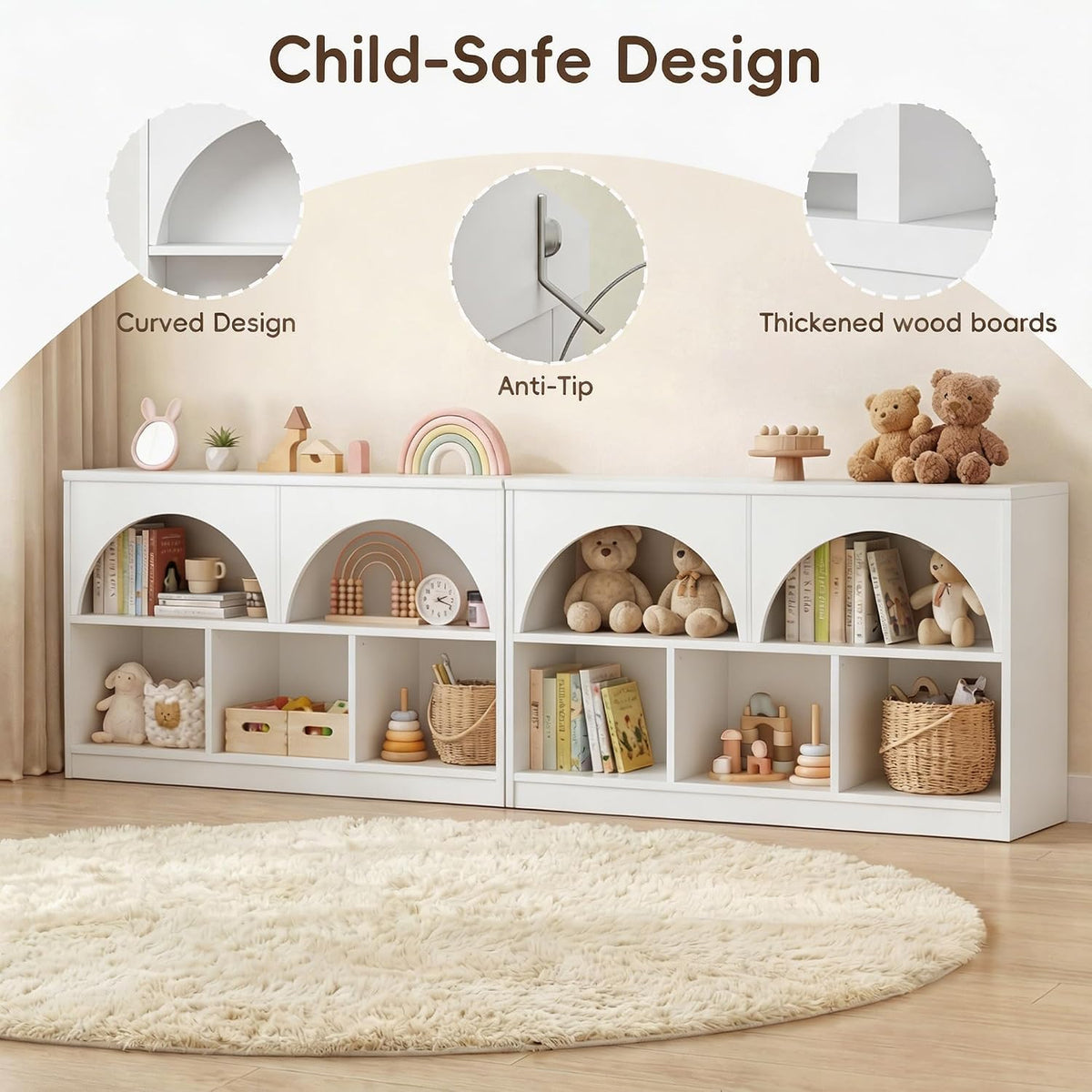 Fatmok Set of 3 Arched Wooden Storage Shelf, Montessori Kids Bookcase with 5 Compartments, Curved Edge Toy Organizer, Modern Furniture for Nursery Playroom Kindergarten, White