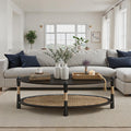Harbor Oak 46' Oval Oak Wood Coffee Table with Seagrass Accents and Shelf Storage | Coastal Boho Cocktail Table. Black Smoked Oak Finish.