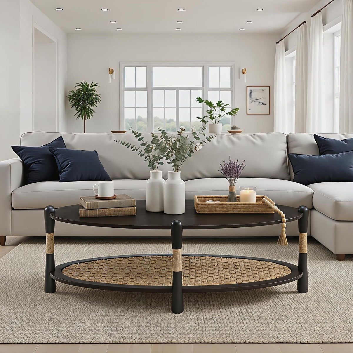 Harbor Oak 46' Oval Oak Wood Coffee Table with Seagrass Accents and Shelf Storage | Coastal Boho Cocktail Table. Black Smoked Oak Finish.