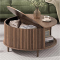 JOINICE Round Coffee Table with Storage, 31.5' Walnut Wood Drum Table, Fluted Circle Center Table for Living Room, Modern Mid Century Furniture with Sliding Door