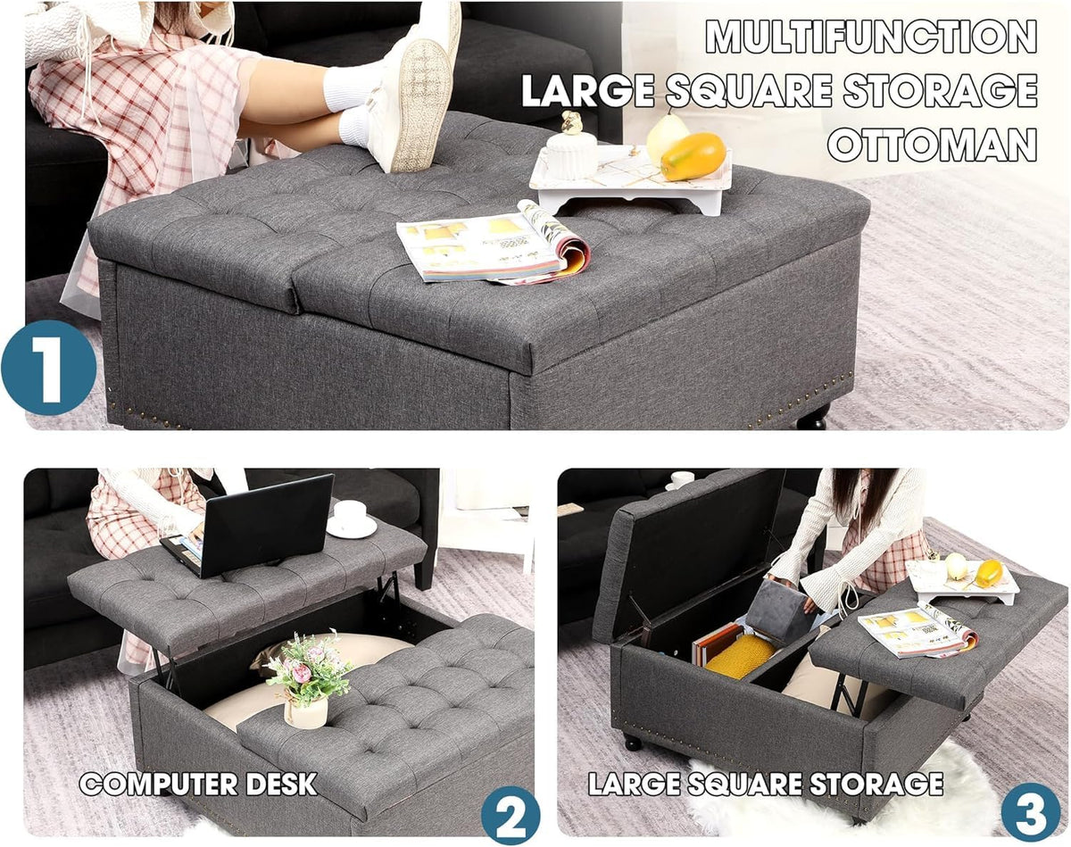 36' Large Square Ottoman with Storage, Tufted Upholstered Storage Ottoman with Lift Top & Solid Legs for Bedroom Room, Extra Large Coffee Tables Bench for Living Room as Footstool (Grey)