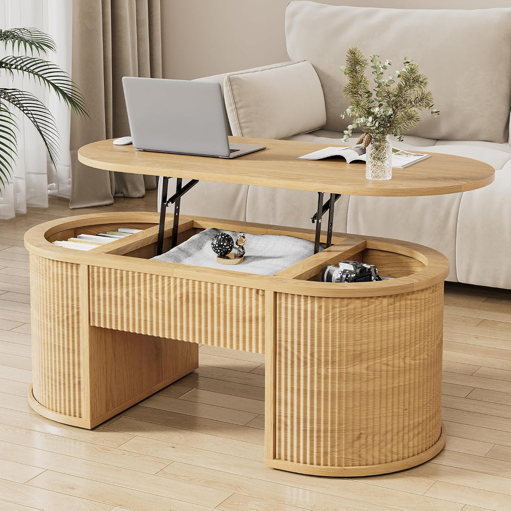 Fluted Lift Top Coffee Table with Storage, Oval Living Room Center Table with Hidden Compartment, Modern Mid-Century Wood Coffee Table for Small Spaces, Home Office, Natural