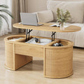 Fluted Lift Top Coffee Table with Storage, Oval Living Room Center Table with Hidden Compartment, Modern Mid-Century Wood Coffee Table for Small Spaces, Home Office, Natural