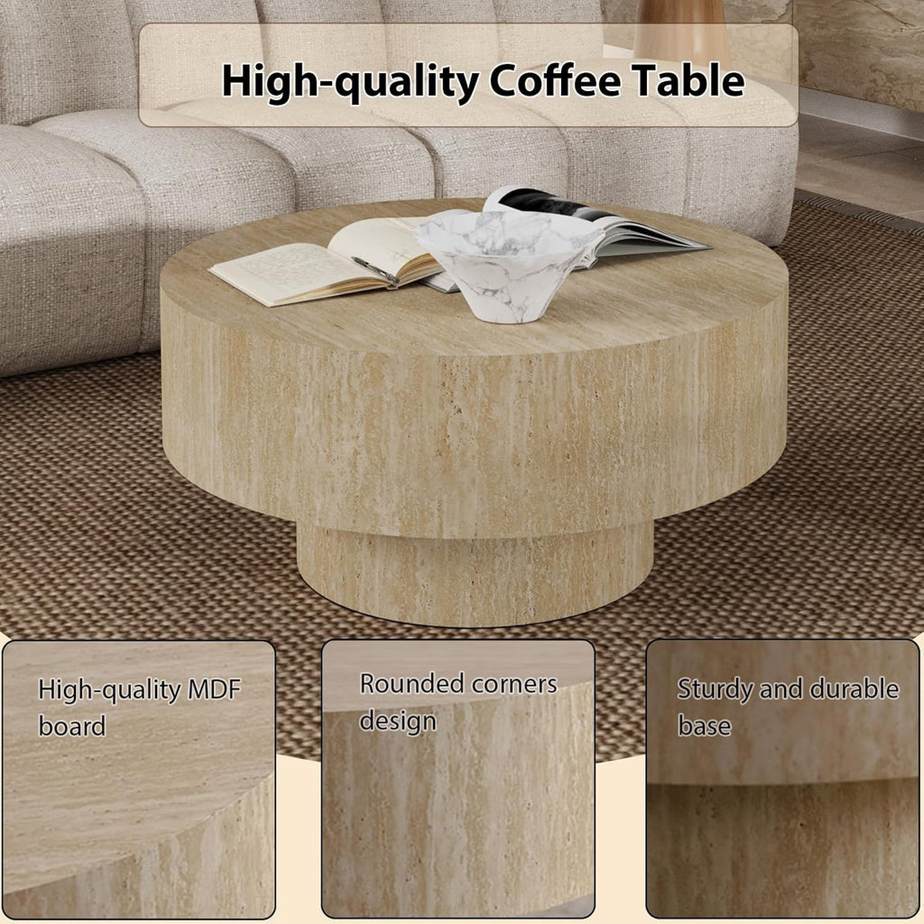 JHKZUDG Modern Wood Coffee Table Handcrafted Fluted Drum Coffee Tables Wooden Oval Center Table with Sturdy Pedestal for Living Room Apartment (Travertine Round)